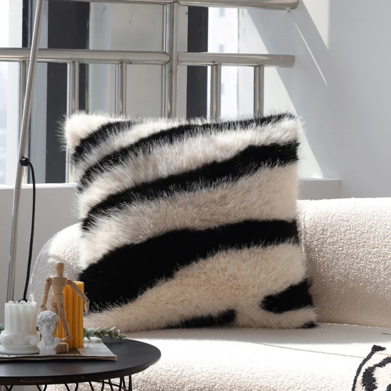 Cushion Cover High-Pile Faux Fur Zebra Stripe