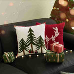 Cushion Cover Holiday Star & Pine Print Pom-Pom Trim