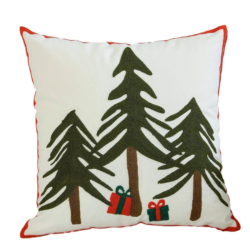 Cushion Cover Holiday Star & Pine Print Pom-Pom Trim
