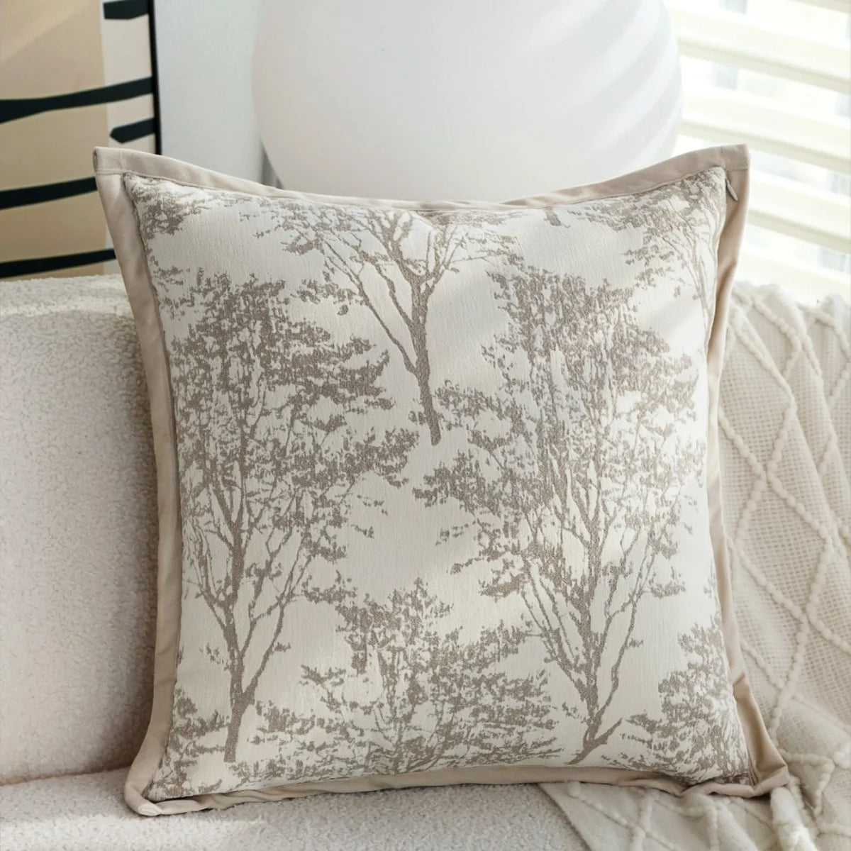 Cushion Cover Jacquard Forest Motif Velvet Piping & Machine-Washable