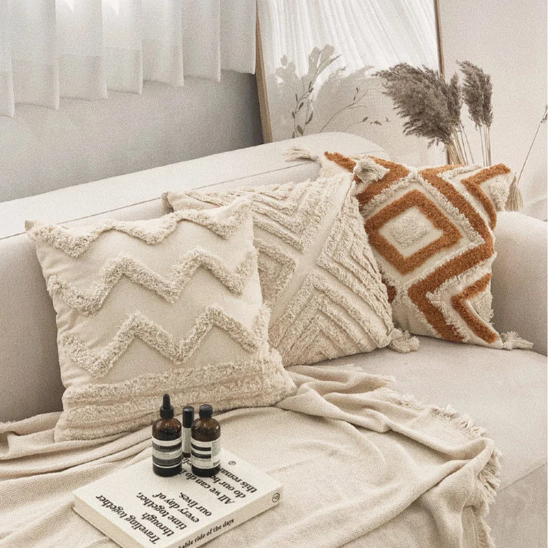 Cushion Cover Leaf Tufting & Tassels Chenille Hidden Zipper