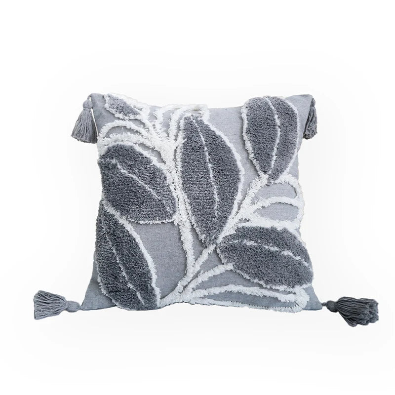 Cushion Cover Leaf Tufting & Tassels Chenille Hidden Zipper