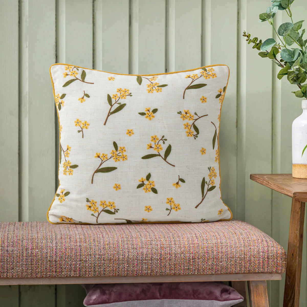 Cushion Cover Linen-Cotton Embroidered Floral Piped Edge