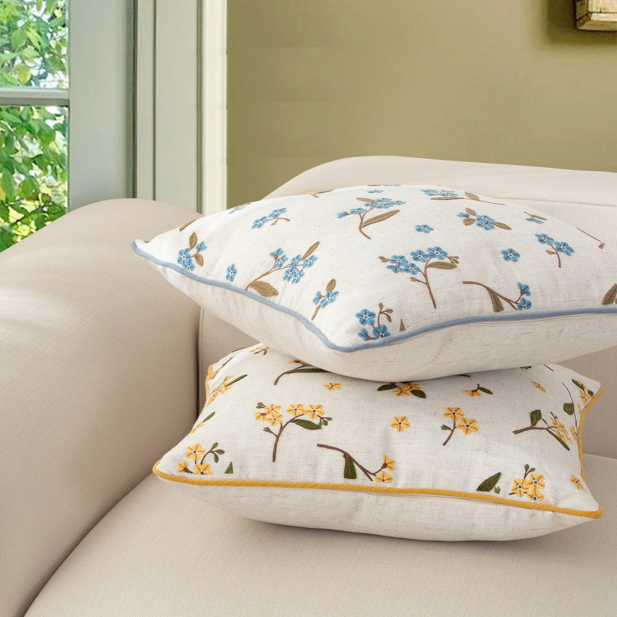 Cushion Cover Linen-Cotton Embroidered Floral Piped Edge