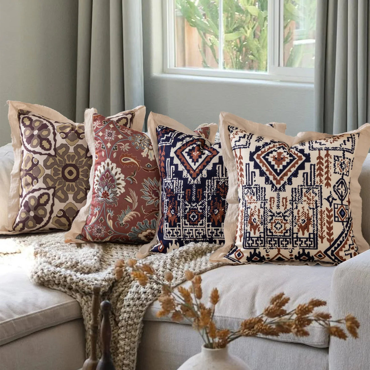 Cushion Cover Linen-Look Ethnic Geometric Hidden Zipper