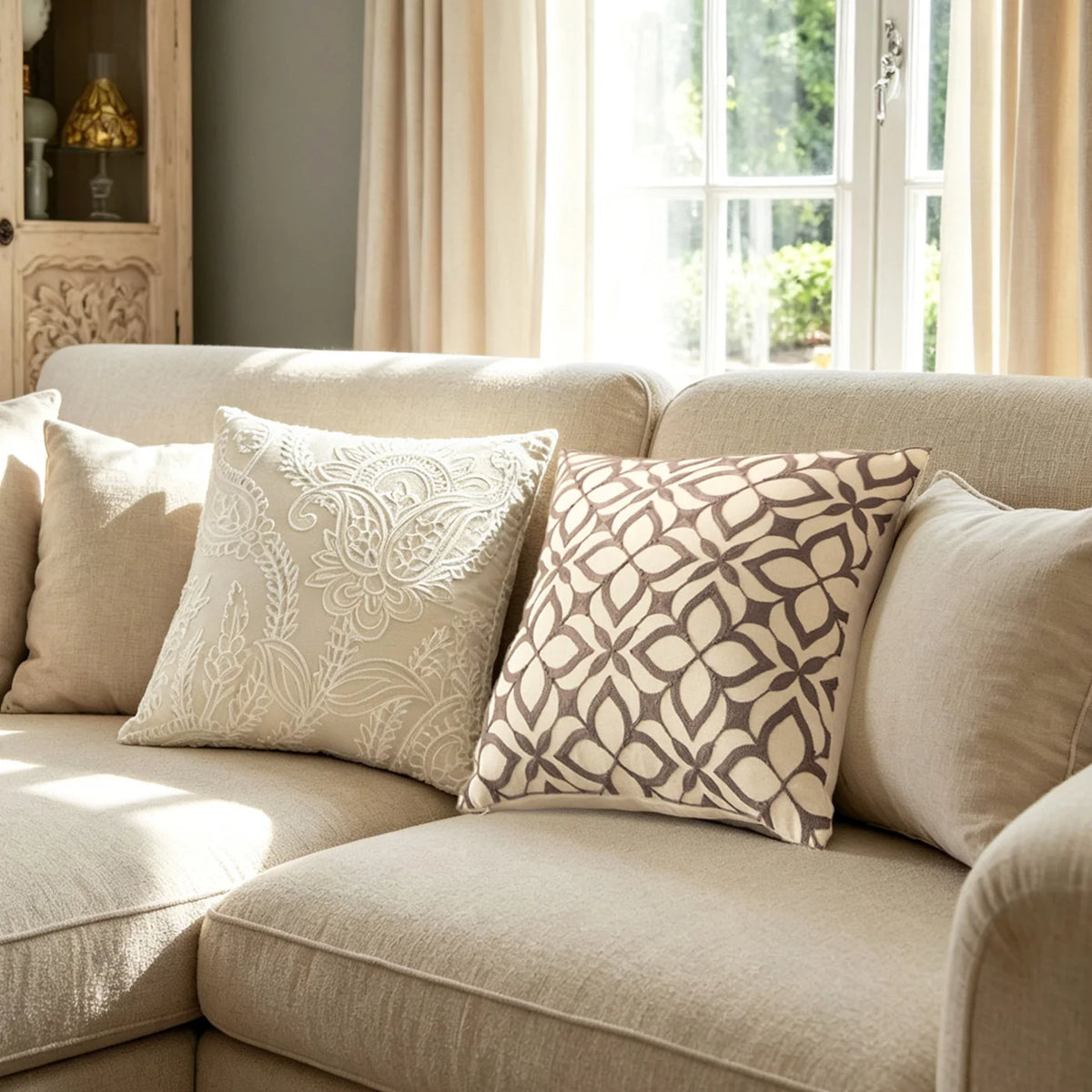 Cushion Cover Paisley Embroidered Linen-Look Concealed Zipper