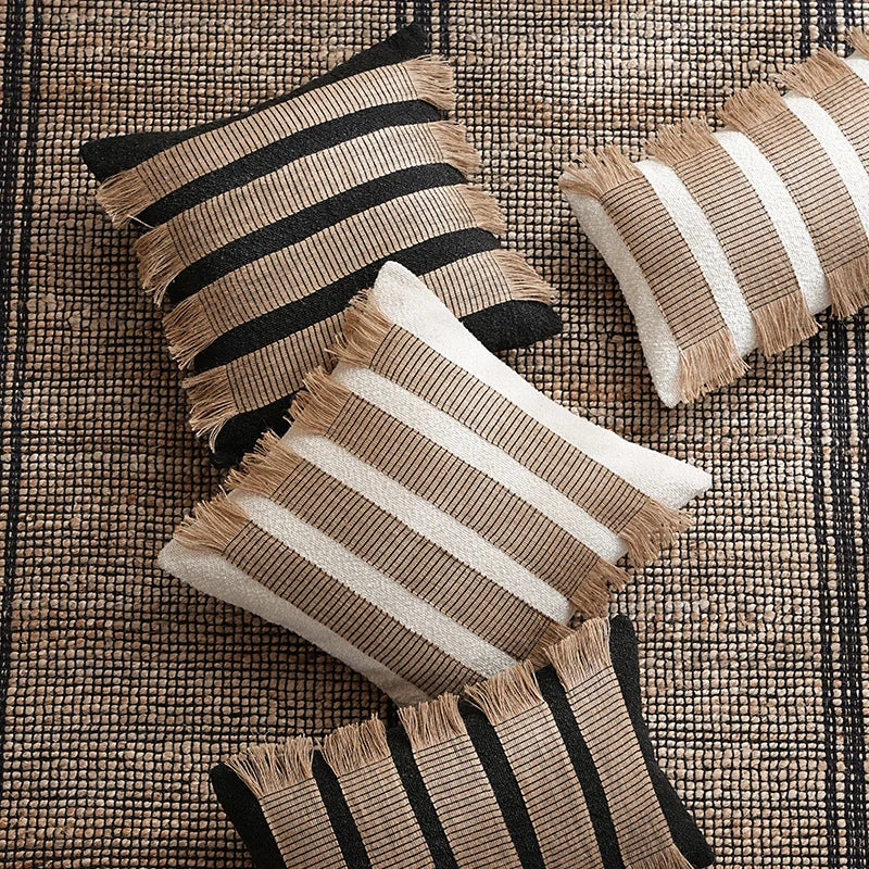 Cushion Cover Rectangular Woven Stripes & Fringe Concealed Zipper