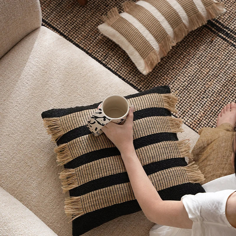 Cushion Cover Rectangular Woven Stripes & Fringe Concealed Zipper