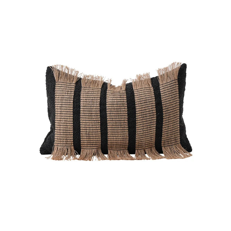 Cushion Cover Rectangular Woven Stripes & Fringe Concealed Zipper