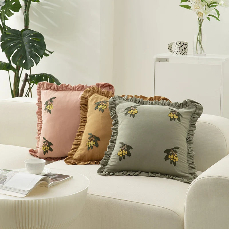 Cushion Cover Ruffled Edge Hand-Embroidered Cotton-Linen