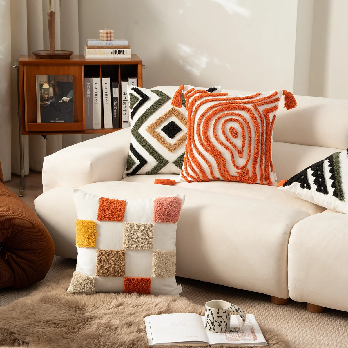 Cushion Cover Textured Square Applique Cotton Concealed Zipper