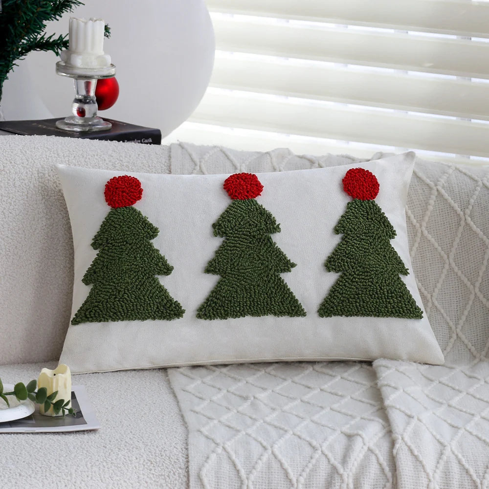 Cushion Cover Tufted Christmas Trees Linen-Look Hidden Zipper