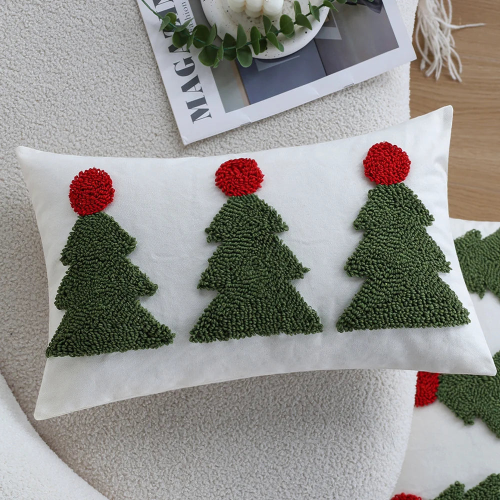 Cushion Cover Tufted Christmas Trees Linen-Look Hidden Zipper