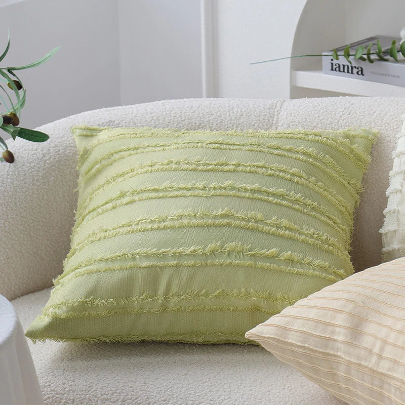 Cushion Cover Tufted & Fringed Cotton Blend Hidden Zipper