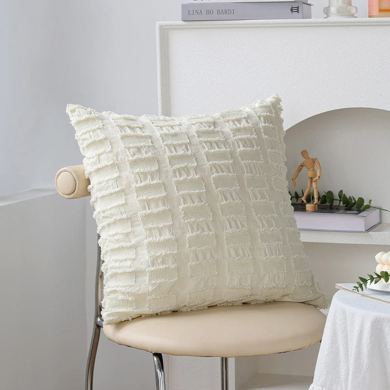 Cushion Cover Tufted & Fringed Cotton Blend Hidden Zipper