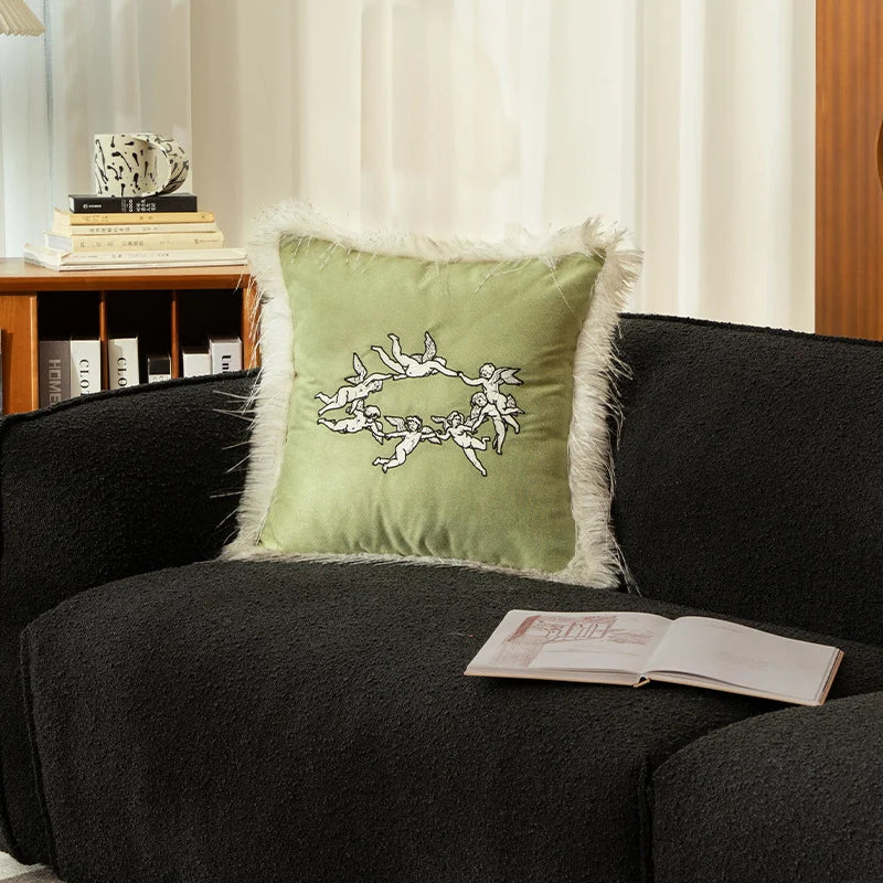 Cushion Cover Velvet Angel Embroidery & Faux Fur Trim