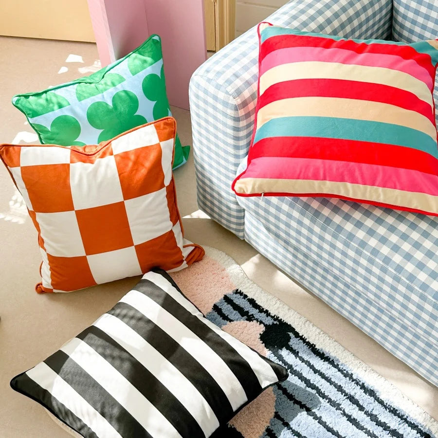 Cushion Cover Velvet Front Large Check Concealed Zipper