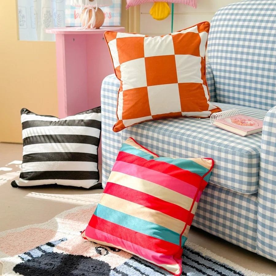 Cushion Cover Velvet Front Large Check Concealed Zipper