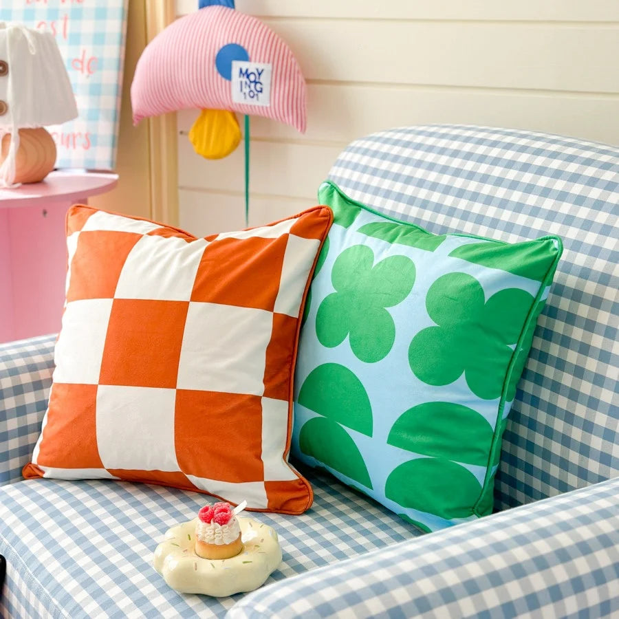Cushion Cover Velvet Front Large Check Concealed Zipper