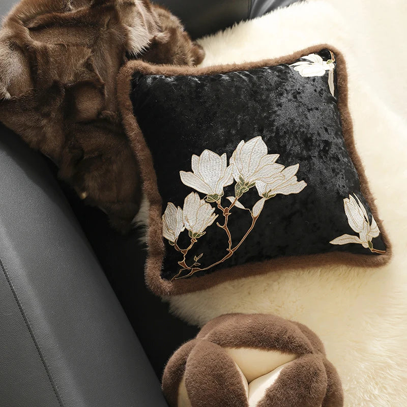 Cushion Cover Velvet Magnolia Embroidery & Faux Fur 45x45cm