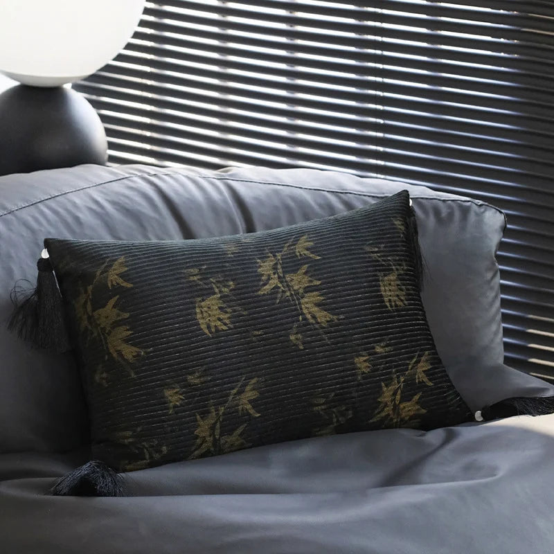 Cushion Cover Velvet Relief Stripes Fringe Tassel Hidden Zipper