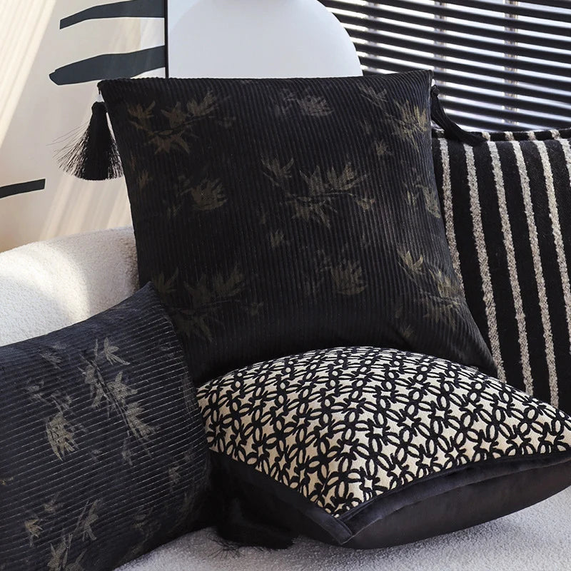 Cushion Cover Velvet Relief Stripes Fringe Tassel Hidden Zipper