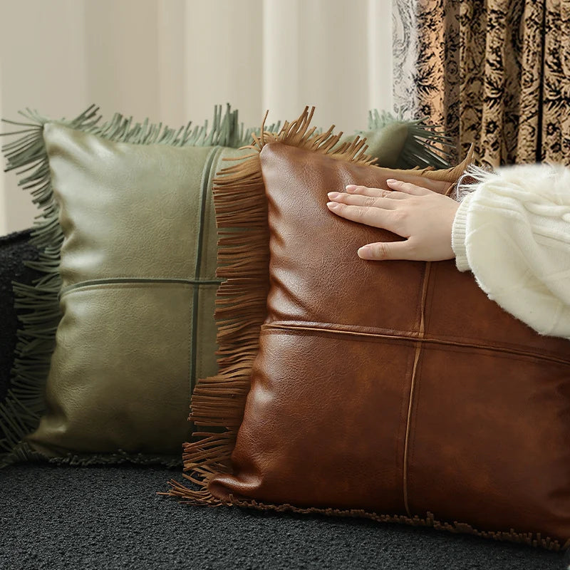 Cushion Cover Waxed Faux Leather Fringed Hidden Zipper