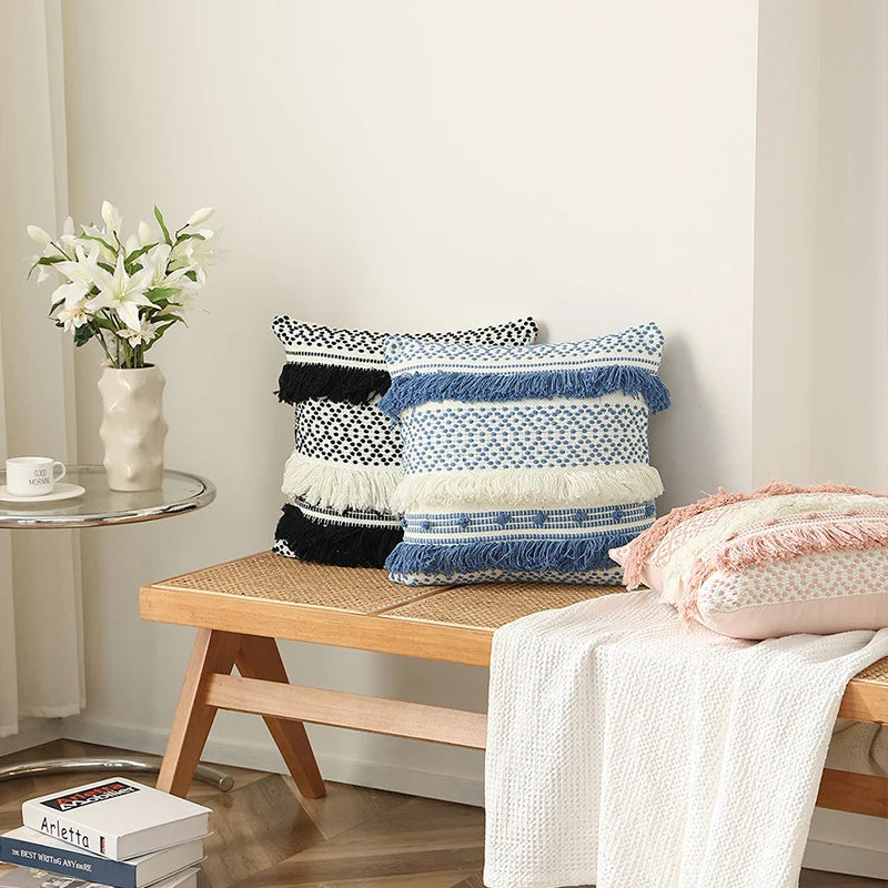Cushion Cover Woven Cotton 3D Dot & Layered Fringes