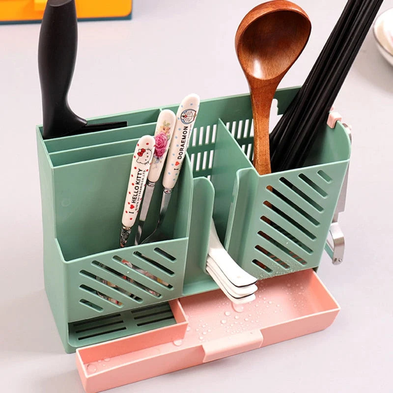 Cutlery Rack Wall-Mounted Divided Slots Drainable No-Drill Mount