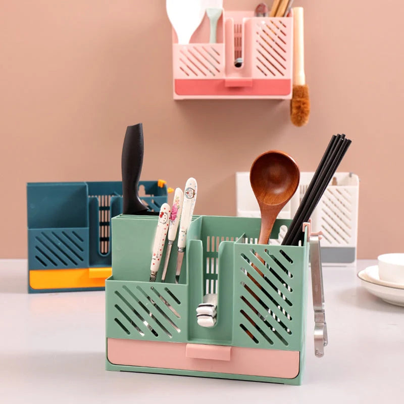 Cutlery Rack Wall-Mounted Divided Slots Drainable No-Drill Mount