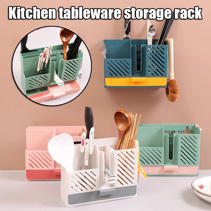 Cutlery Rack Wall-Mounted Divided Slots Drainable No-Drill Mount