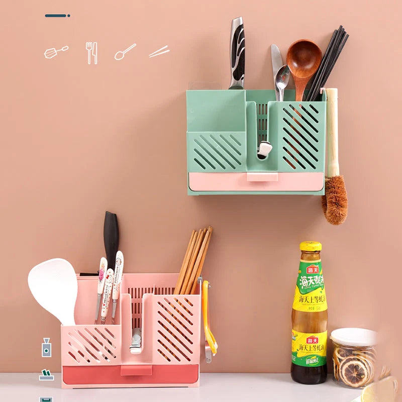 Cutlery Rack Wall-Mounted Divided Slots Drainable No-Drill Mount
