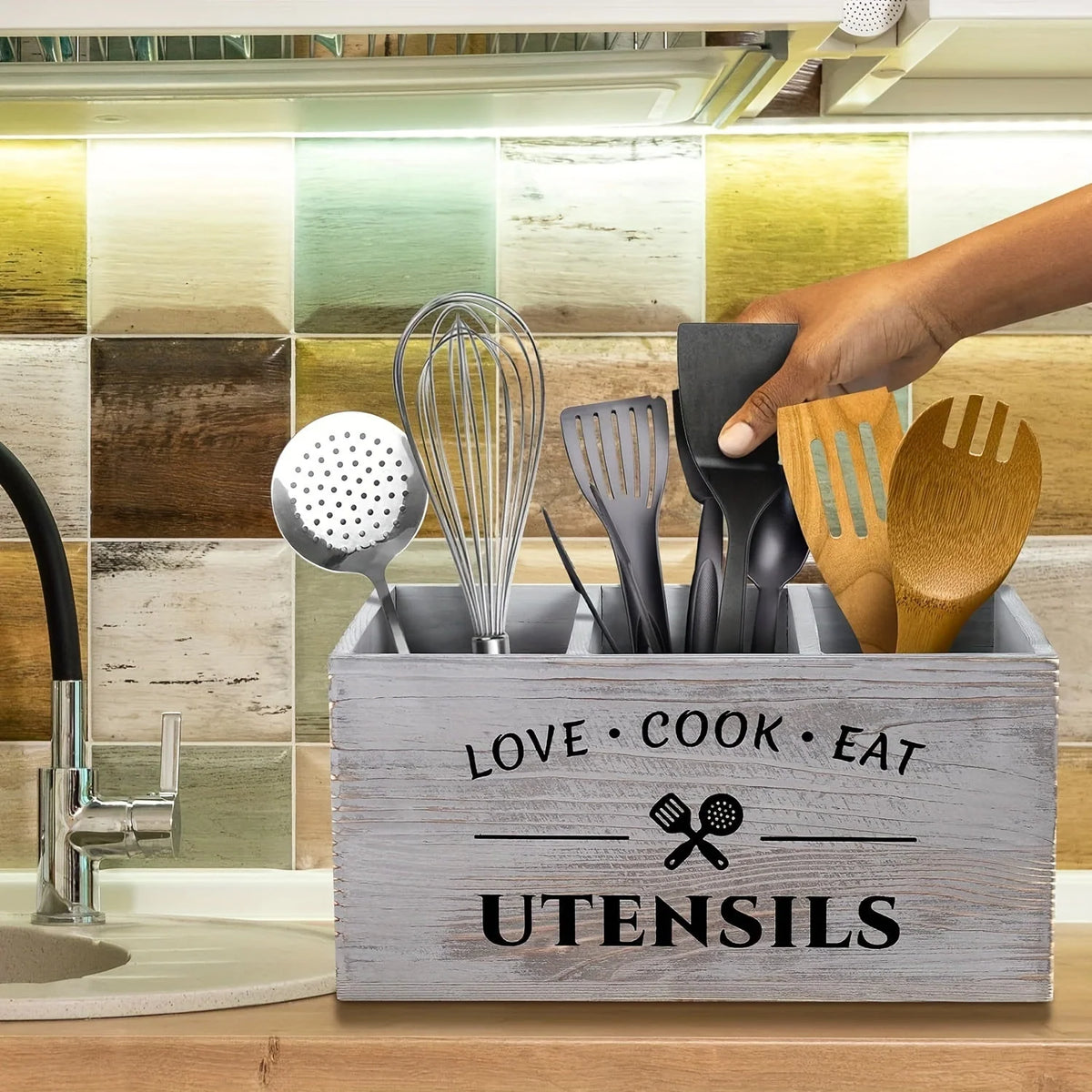 Cutlery Storage Box Wooden Compartment Organizer Space-Saving