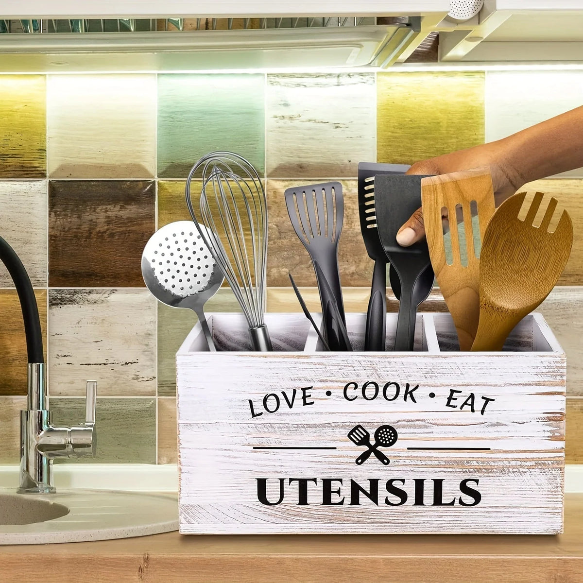 Cutlery Storage Box Wooden Compartment Organizer Space-Saving