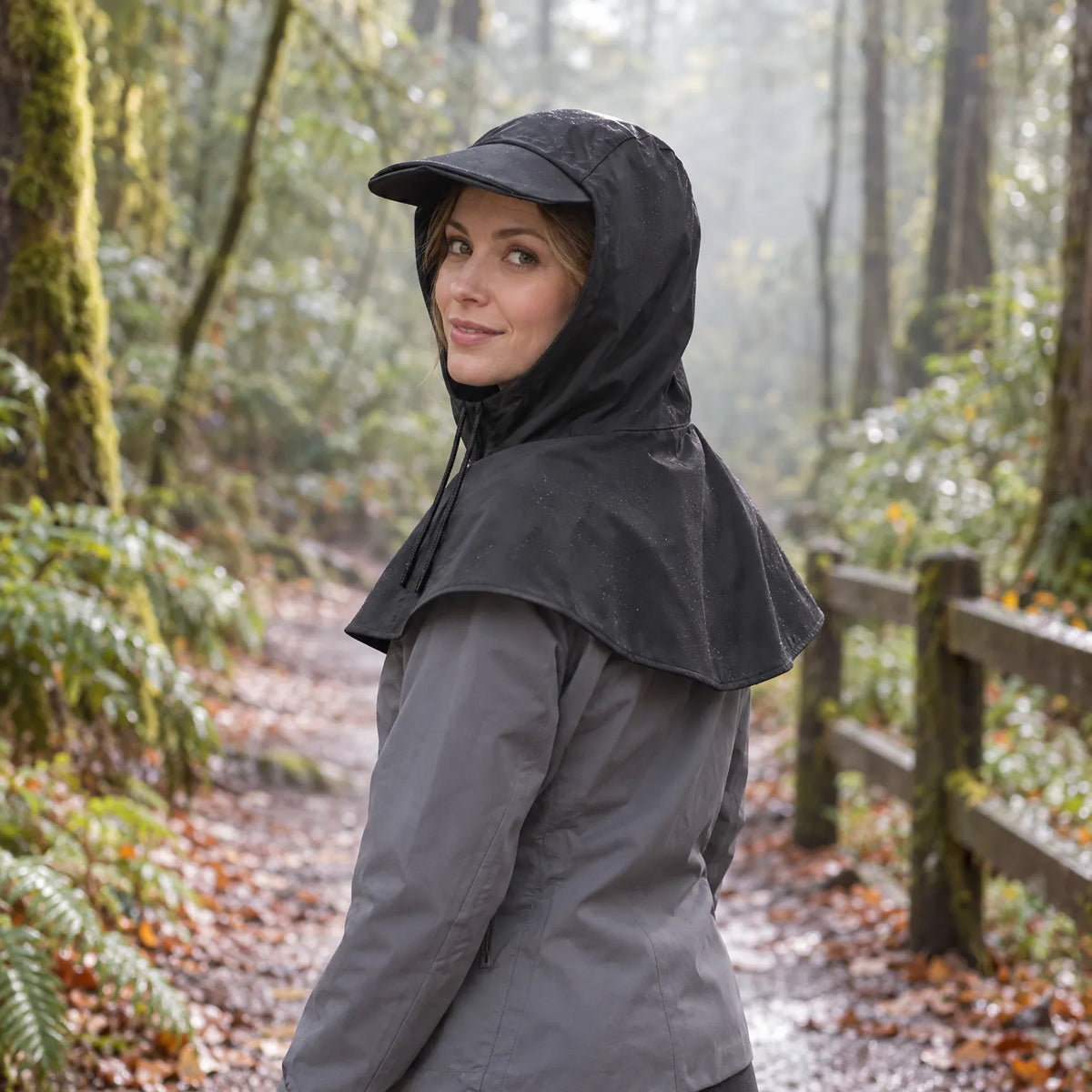 Cycling Rain Cape Waterproof Helmet-Compatible Hood Built-In Visor