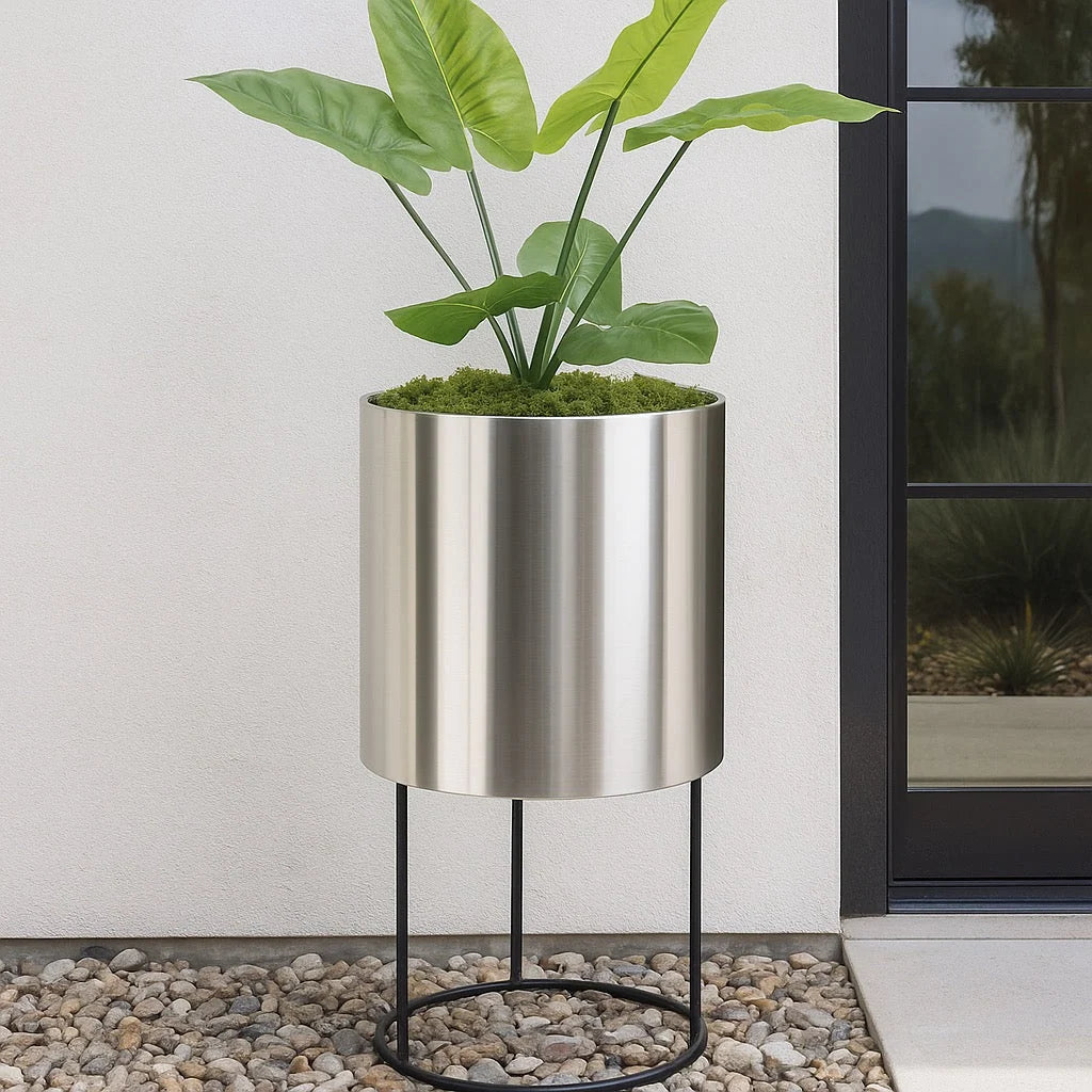 Cylinder Planter Stainless Steel Raised Stand Waterproof Lining
