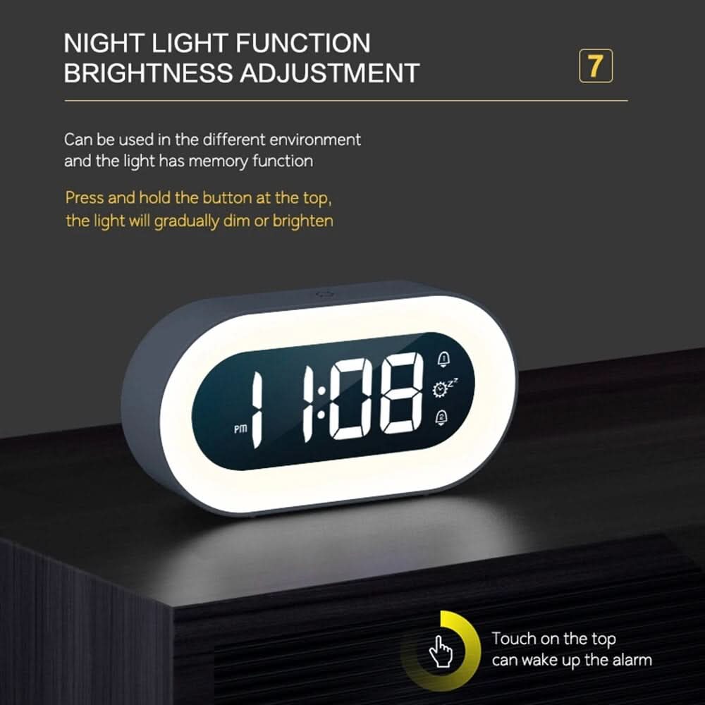 Digital Alarm Clock Dimmable Night Light Rechargeable 15-Day Battery Life
