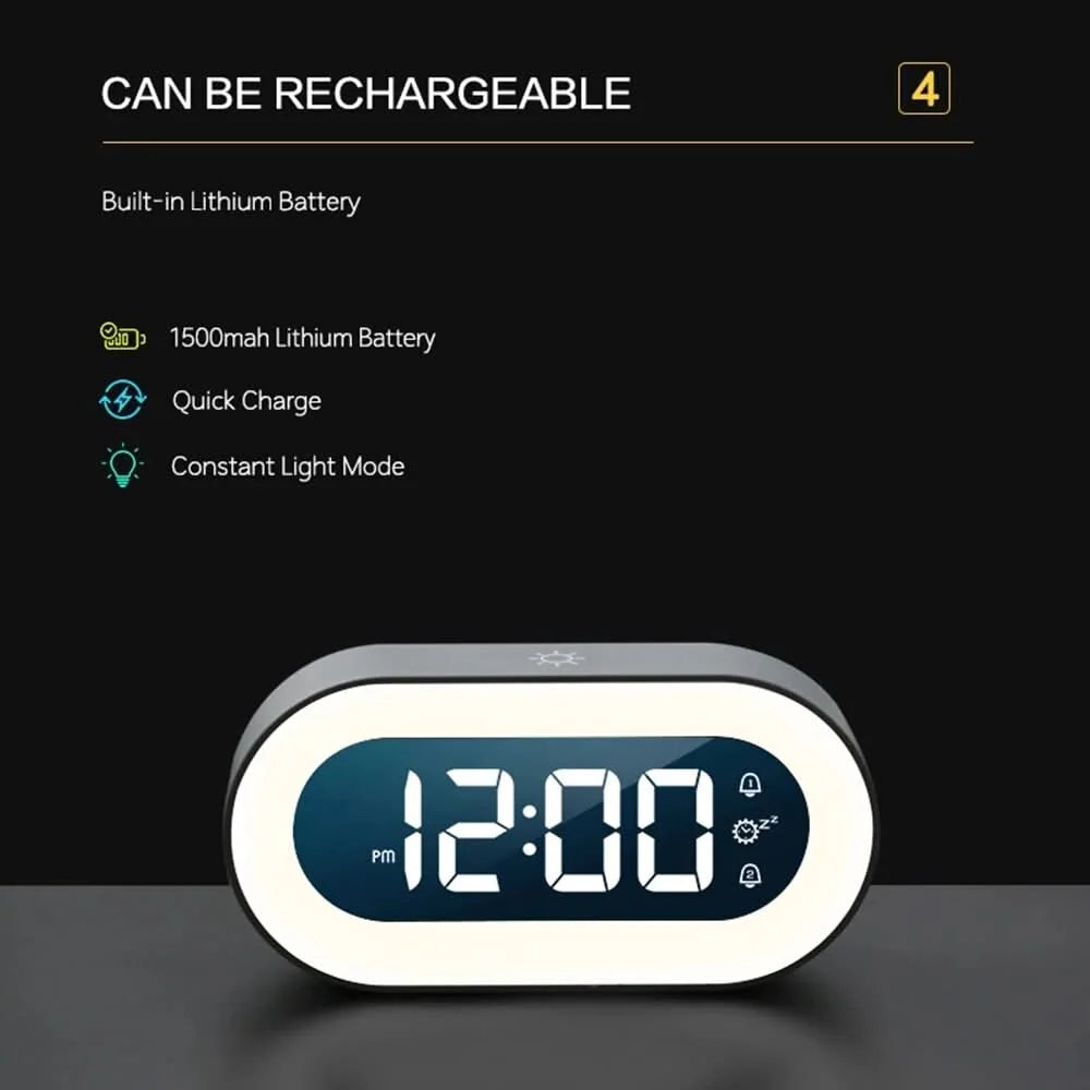 Digital Alarm Clock Dimmable Night Light Rechargeable 15-Day Battery Life