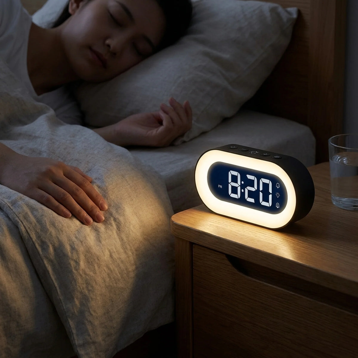 Digital Alarm Clock Dimmable Night Light Rechargeable 15-Day Battery Life