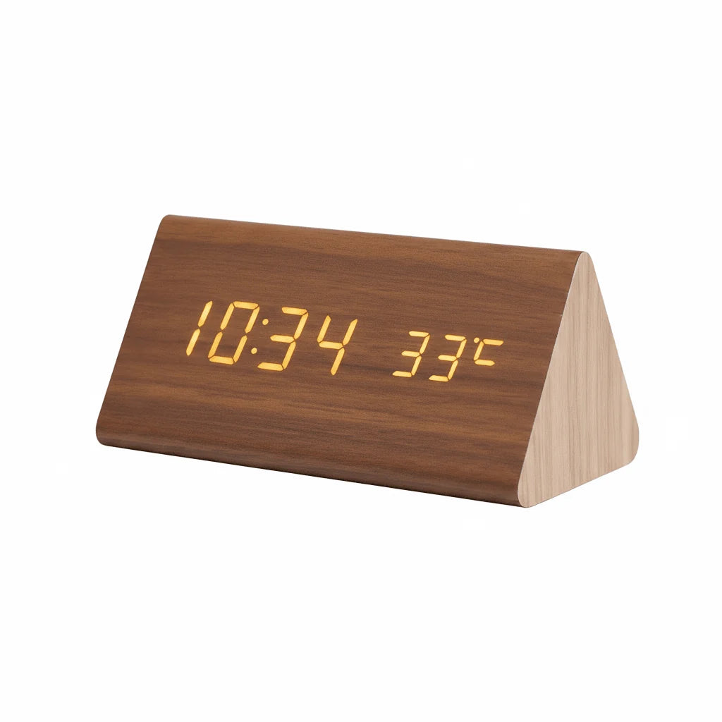 Digital Alarm Clock Wood-Look Voice-Activated Dimmable LED