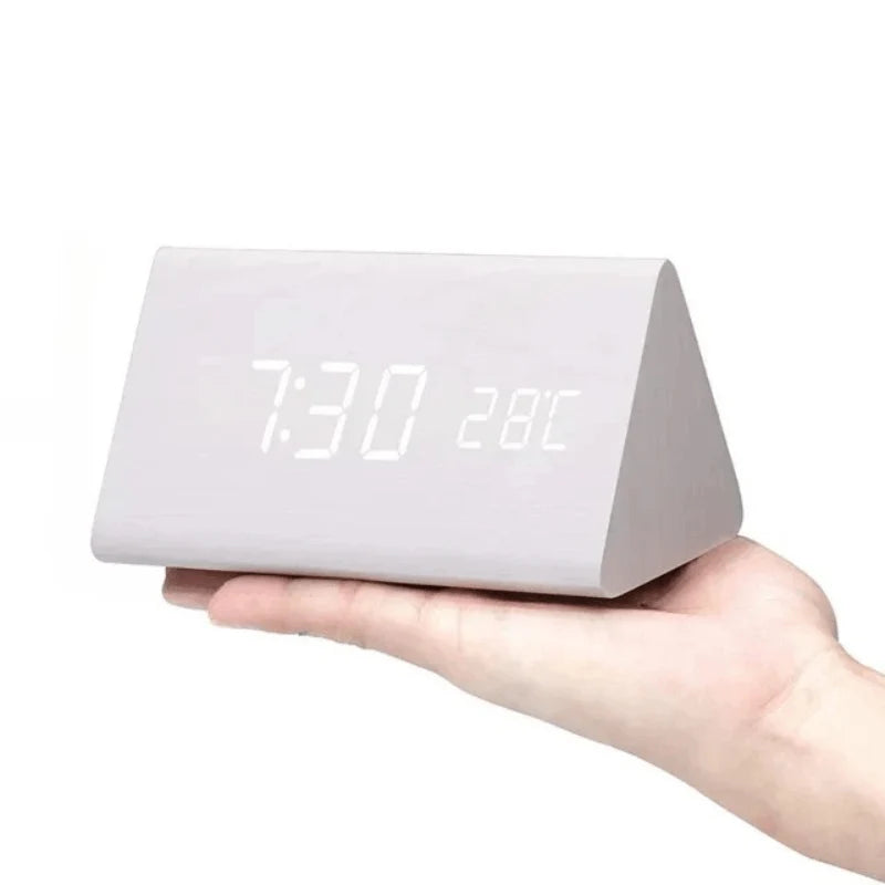 Digital Alarm Clock Wood-Look Voice-Activated Dimmable LED