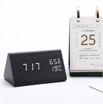 Digital Alarm Clock Wood-Look Voice-Activated Dimmable LED