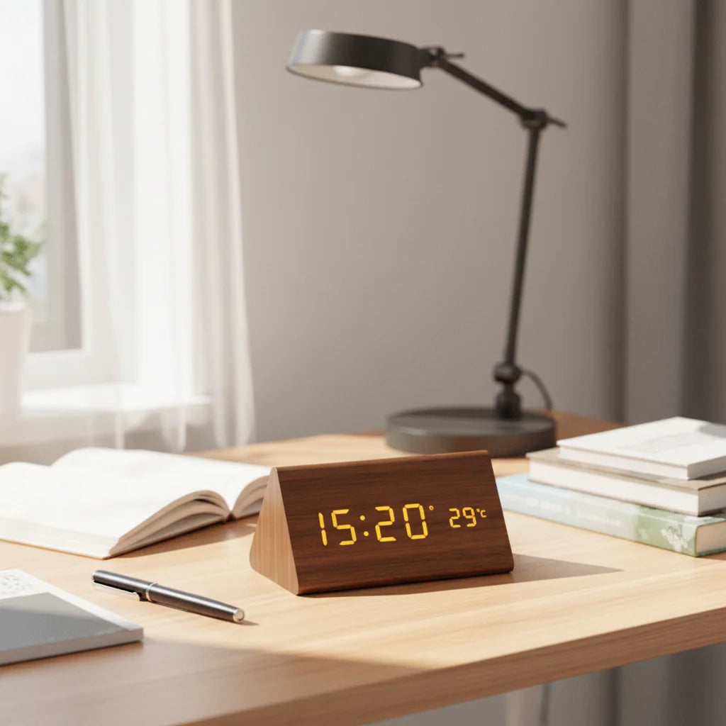 Digital Alarm Clock Wood-Look Voice-Activated Dimmable LED