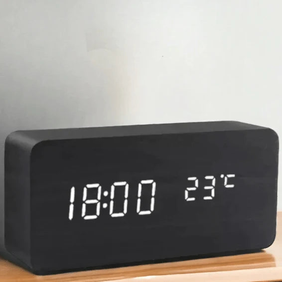Digital Alarm Clock Wood-Look Voice-Activated Dimmable LED