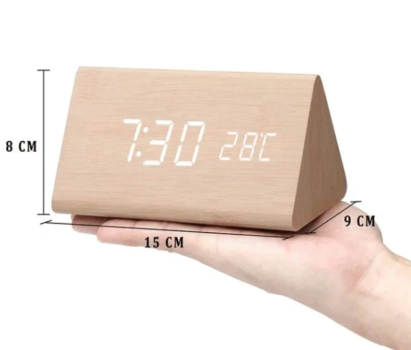 Digital Alarm Clock Wood-Look Voice-Activated Dimmable LED