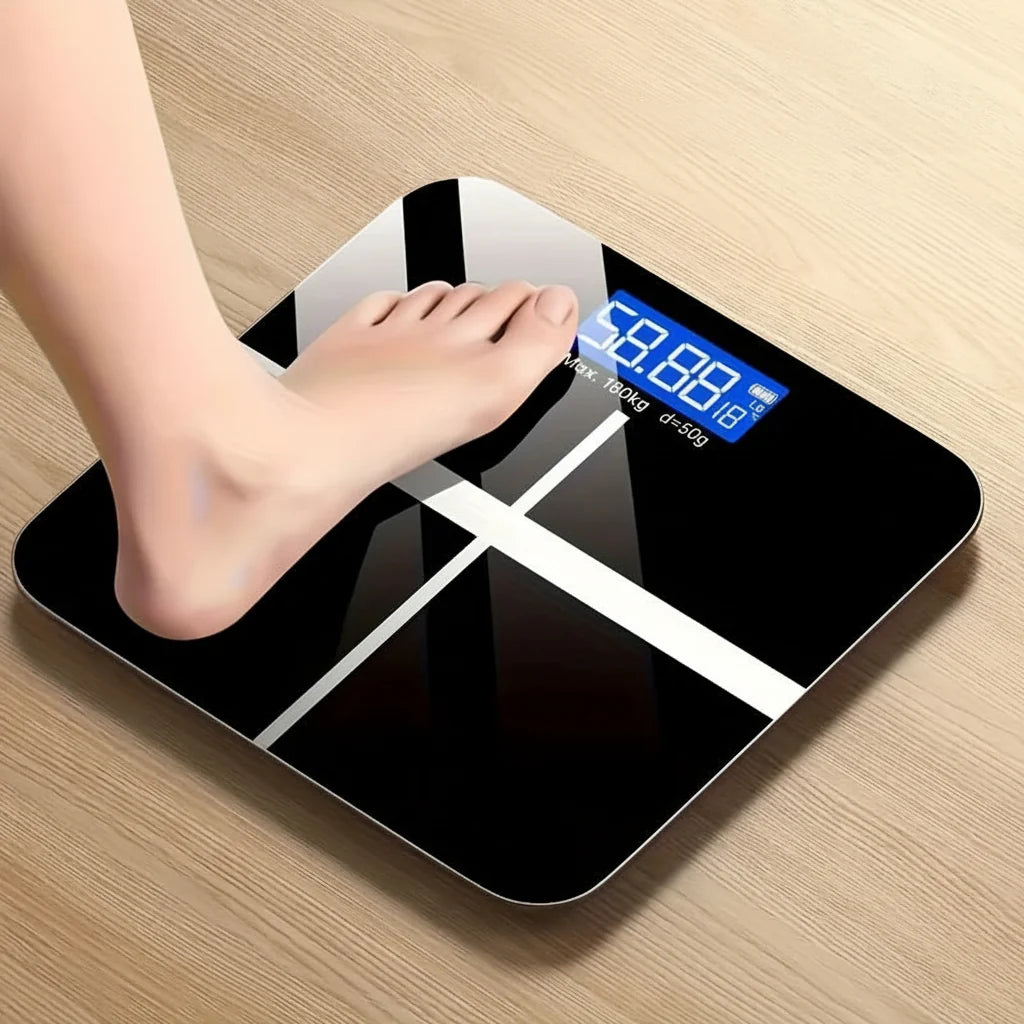 Digital Bathroom Scale USB Rechargeable Blue Backlit Tempered Glass