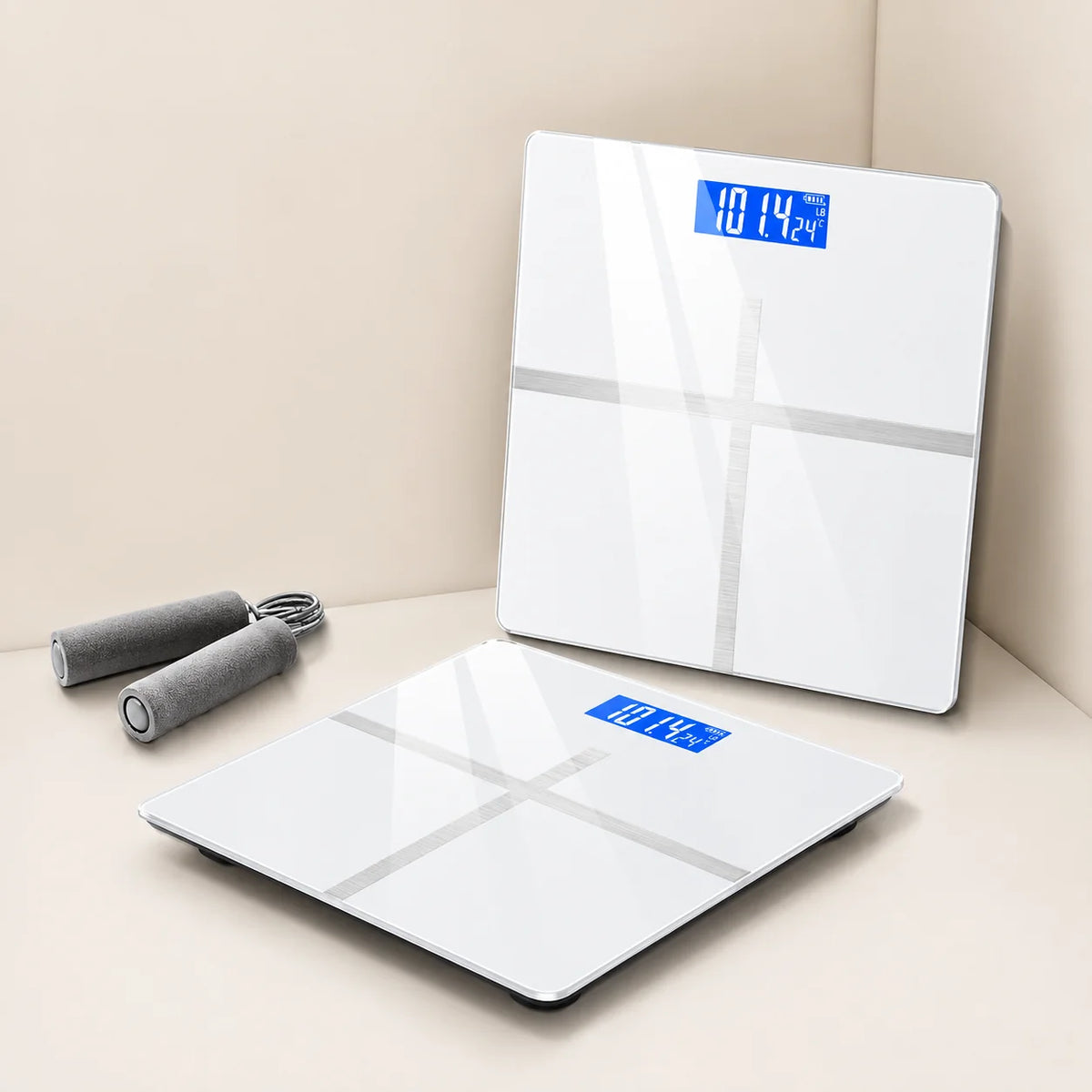 Digital Bathroom Scale USB Rechargeable Blue Backlit Tempered Glass