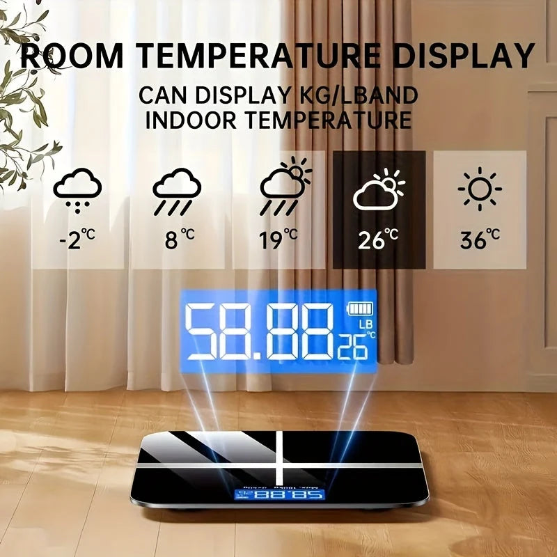 Digital Bathroom Scale USB Rechargeable Blue Backlit Tempered Glass