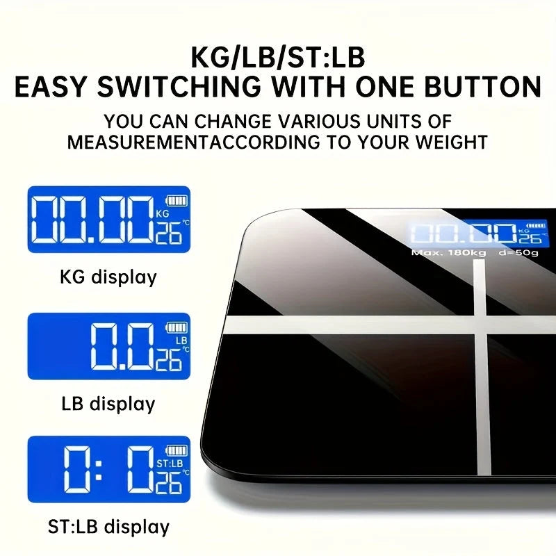 Digital Bathroom Scale USB Rechargeable Blue Backlit Tempered Glass