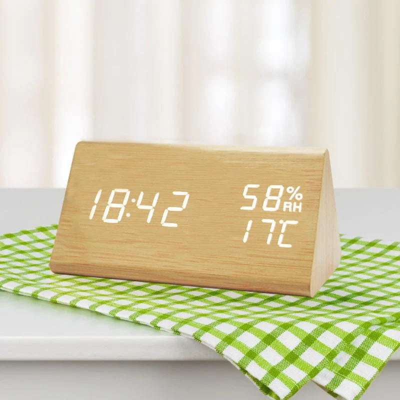 Digital Clock Wood-Look LED Time & Temperature Adjustable Brightness